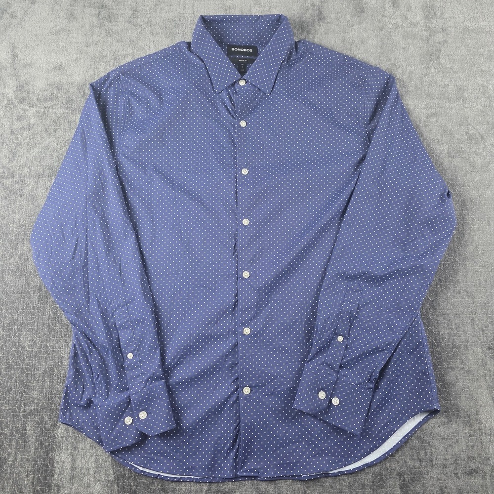 Bonobos Athletic Fit Performance Shirt Mens XL Blue White Polka Dotted Stretch